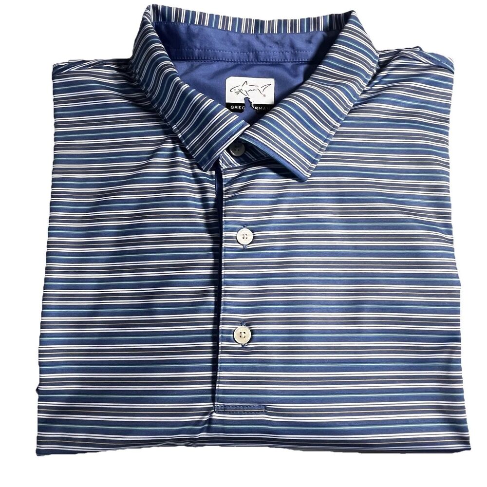 Greg Norman Men’s Golf Shirt Blue White Green Stripes Short Sleeves Size XXL